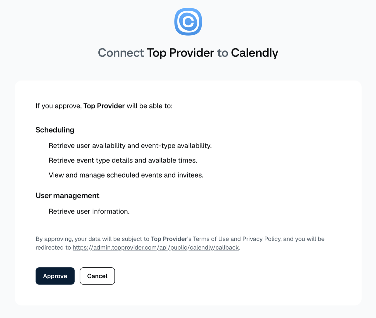 Calendly's approval screen