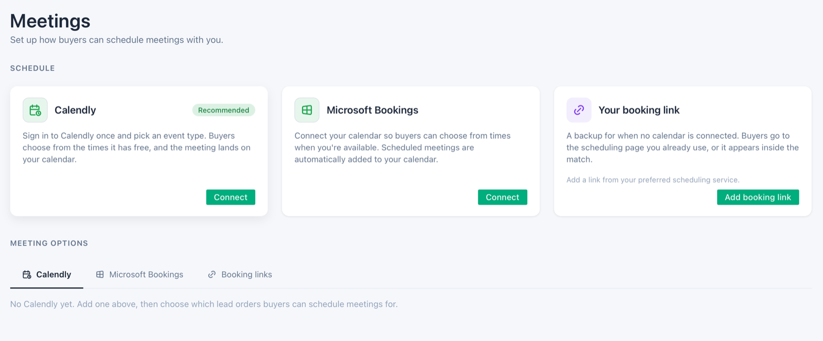 Meetings page with the Calendly connect option