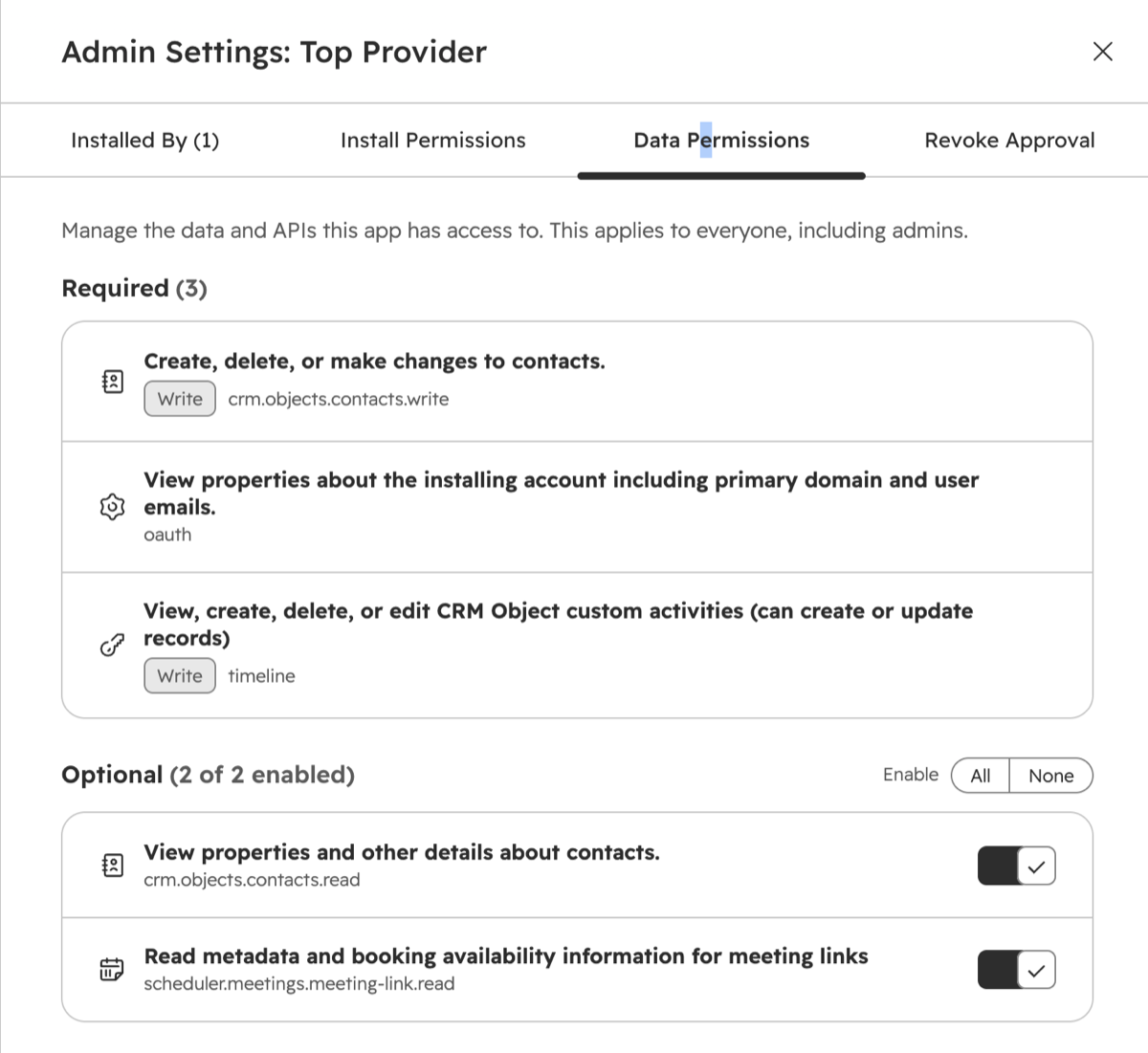 HubSpot's Data Permissions tab for the Top Provider app